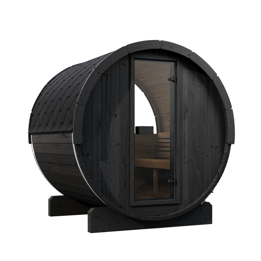 Barrel Sauna Ergo 180 — Spruce Garden Sauna with Room to Recline, 1.8m — painted finish option — angle view 2