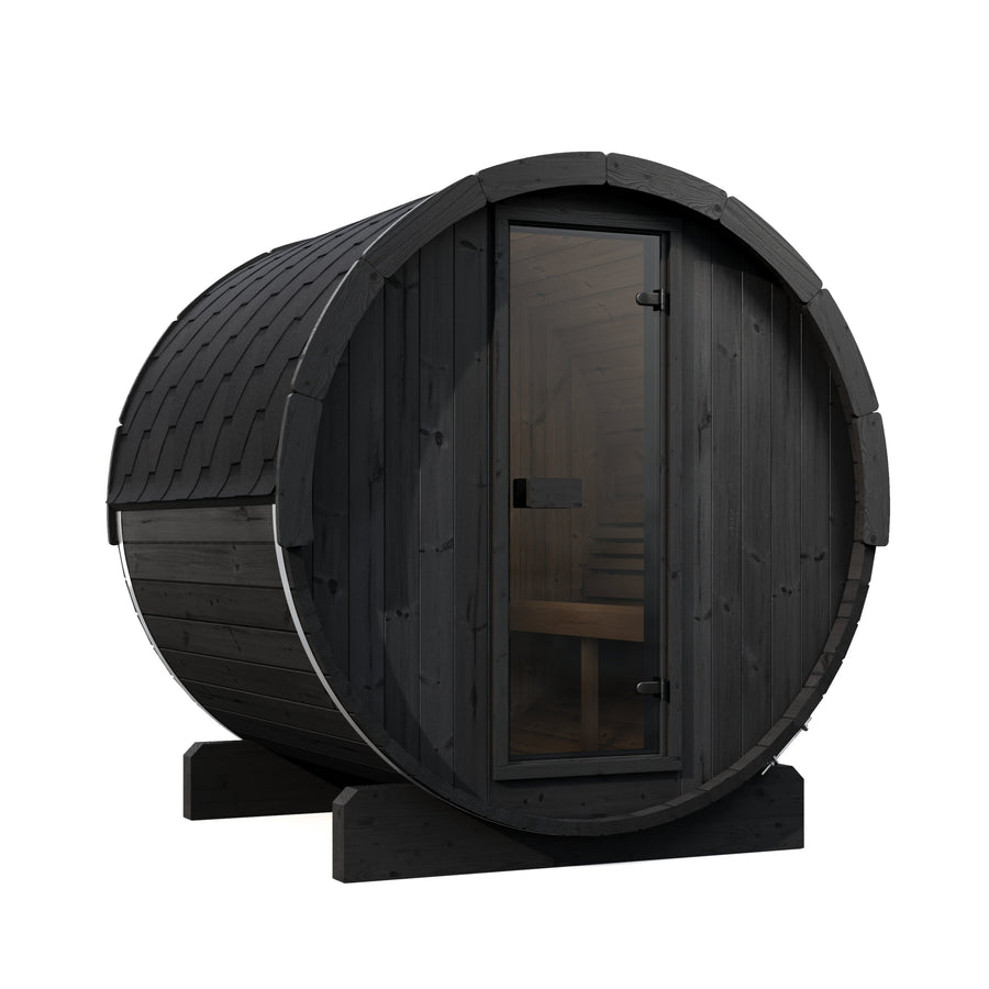 Barrel Sauna Ergo 180 — Spruce Garden Sauna with Room to Recline, 1.8m — painted finish option — angle view 5
