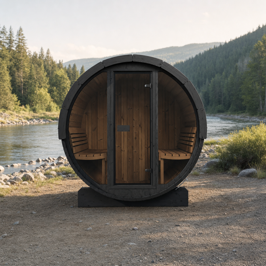Barrel Sauna Ergo 180 — Thermowood Sauna with Room to Recline, 1.8m — painted option — lifestyle