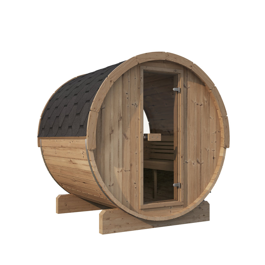 Barrel Sauna Ergo 180 — Thermowood Sauna with Room to Recline, 1.8m — thermowood — angle view 1
