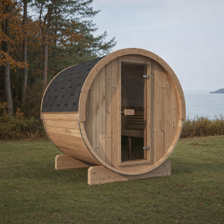 Barrel Sauna Ergo 180 — Thermowood Sauna with Room to Recline, 1.8m — thermowood — lifestyle