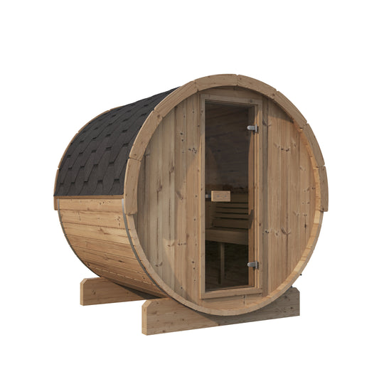 Barrel Sauna Ergo 180 — Thermowood Sauna with Room to Recline, 1.8m — thermowood — angle view 2