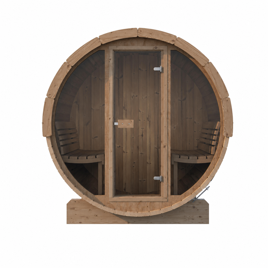Barrel Sauna Ergo 180 — Thermowood Sauna with Room to Recline, 1.8m — thermowood — front view 1