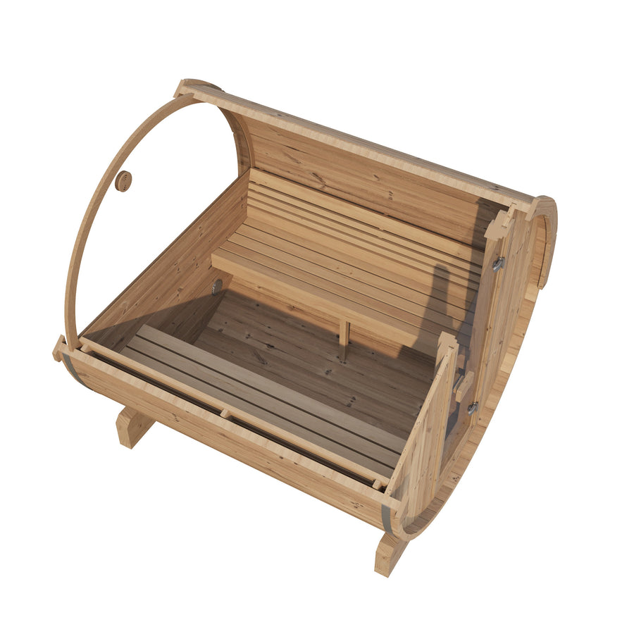 Barrel Sauna Ergo 180 — Thermowood Sauna with Room to Recline, 1.8m — thermowood — side view 1