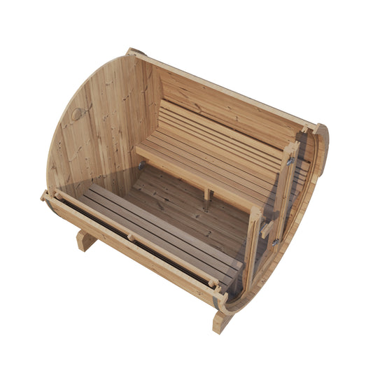 Barrel Sauna Ergo 180 — Thermowood Sauna with Room to Recline, 1.8m — thermowood — side view 2
