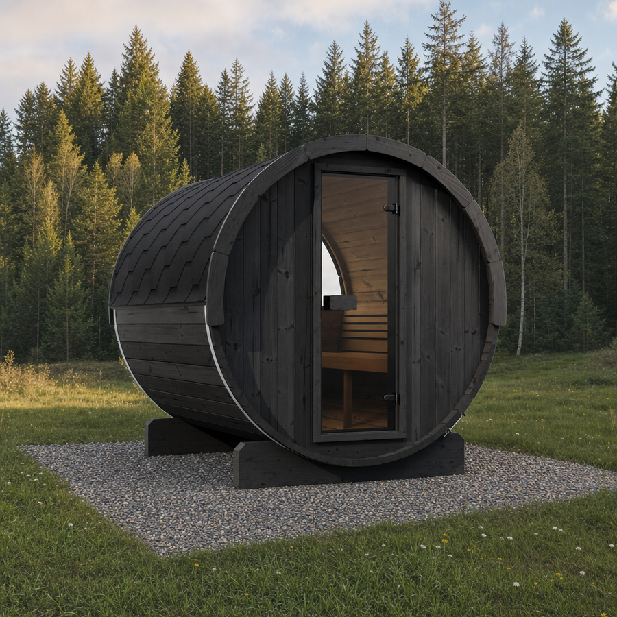 Barrel Sauna Ergo 220 — Thermowood Garden Sauna for Groups, 2.2m — painted option — lifestyle