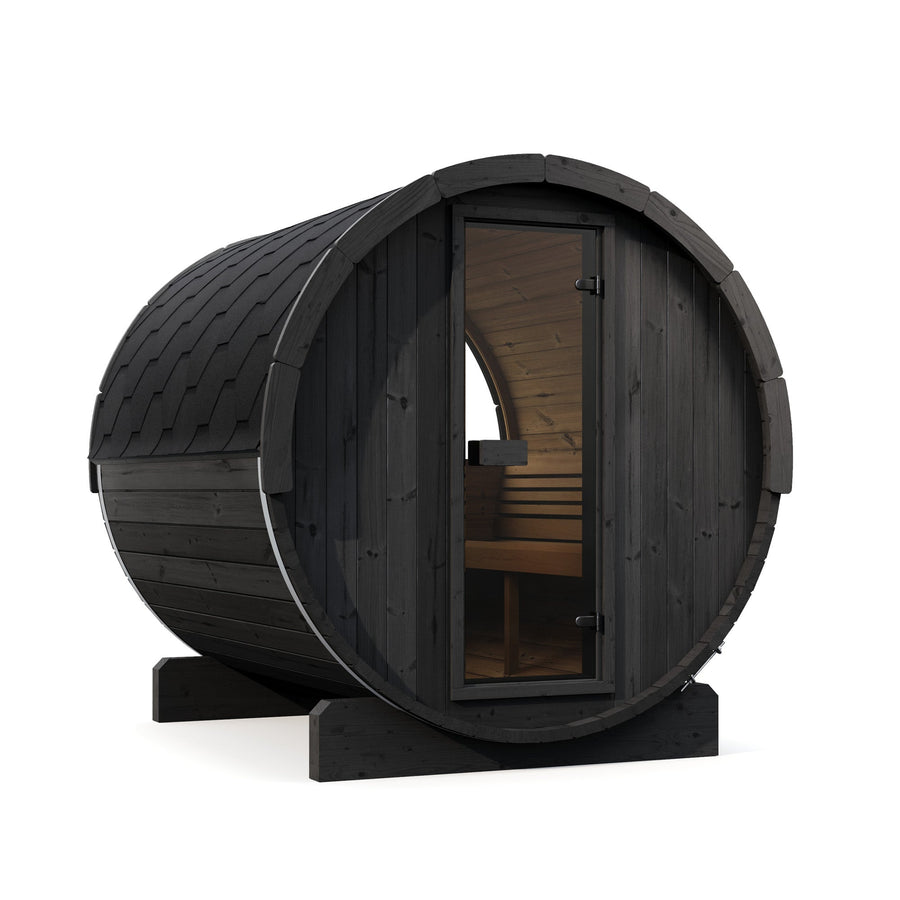 Barrel Sauna Ergo 220 — Spruce Garden Sauna for Groups, 2.2m — painted finish option — angle view 1