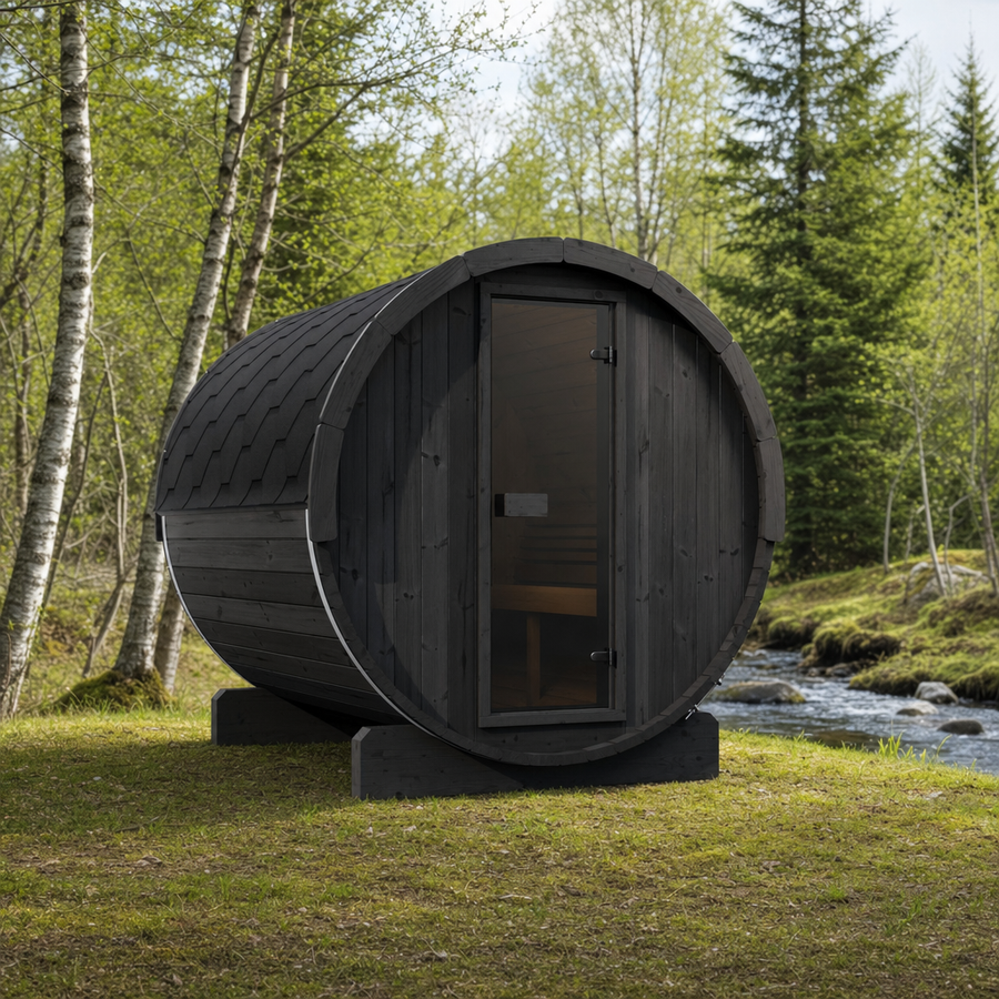 Barrel Sauna Ergo 220 — Thermowood Garden Sauna for Groups, 2.2m — painted option — lifestyle