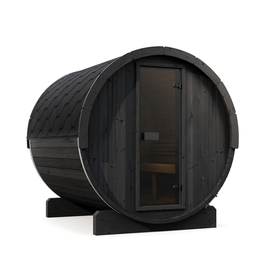 Barrel Sauna Ergo 220 — Spruce Garden Sauna for Groups, 2.2m — painted finish option — angle view 2