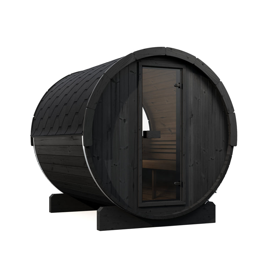Barrel Sauna Ergo 220 — Spruce Garden Sauna for Groups, 2.2m — painted finish option — angle view 3