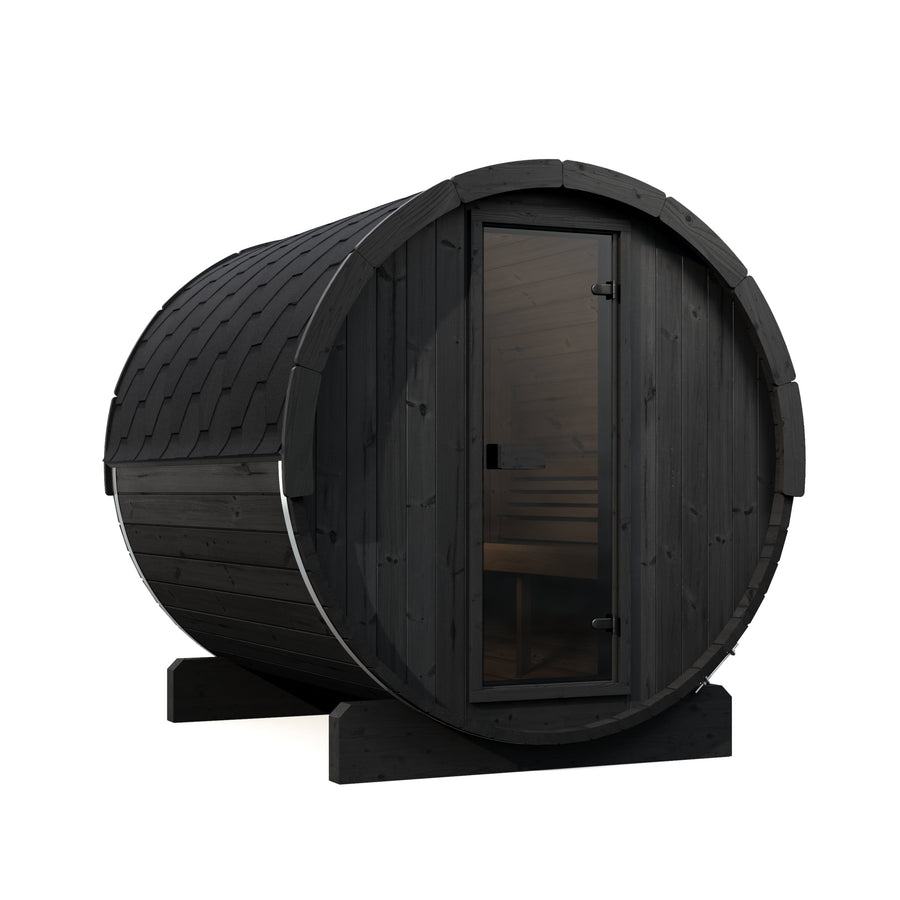 Barrel Sauna Ergo 220 — Spruce Garden Sauna for Groups, 2.2m — painted finish option — angle view 4