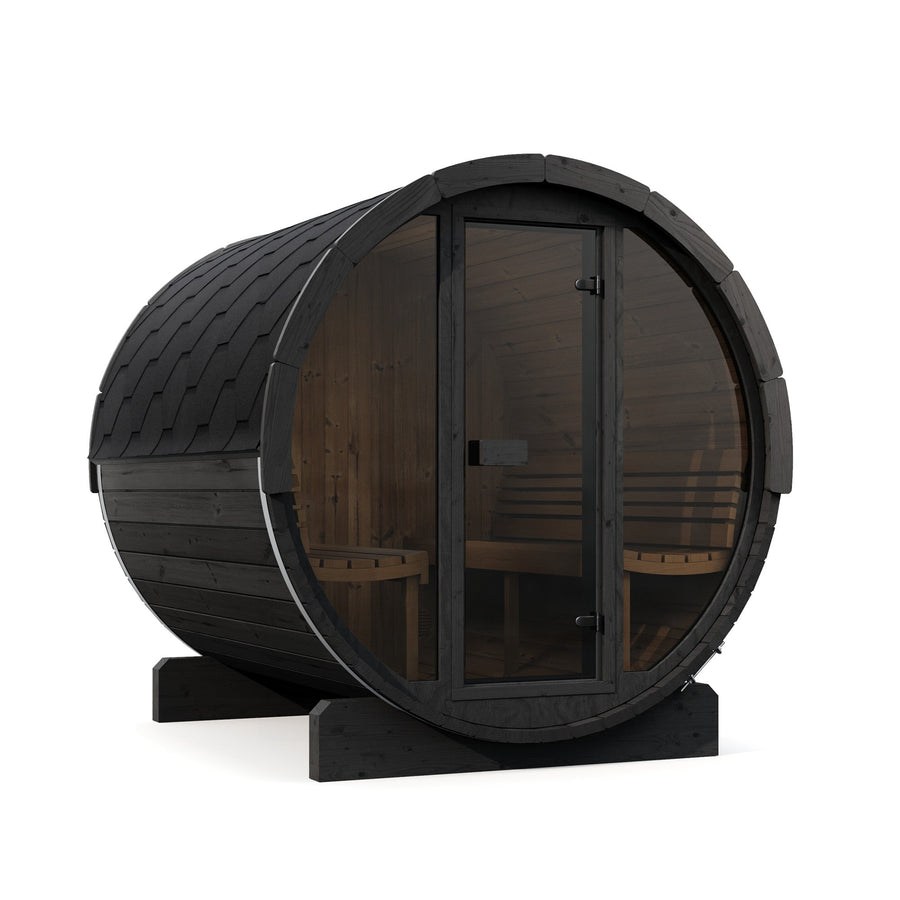 Barrel Sauna Ergo 220 — Spruce Garden Sauna for Groups, 2.2m — painted finish option — angle view 5