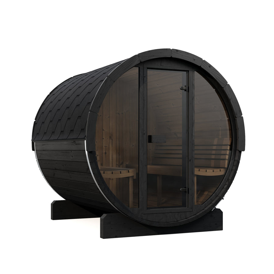 Barrel Sauna Ergo 220 — Spruce Garden Sauna for Groups, 2.2m — painted finish option — angle view 6