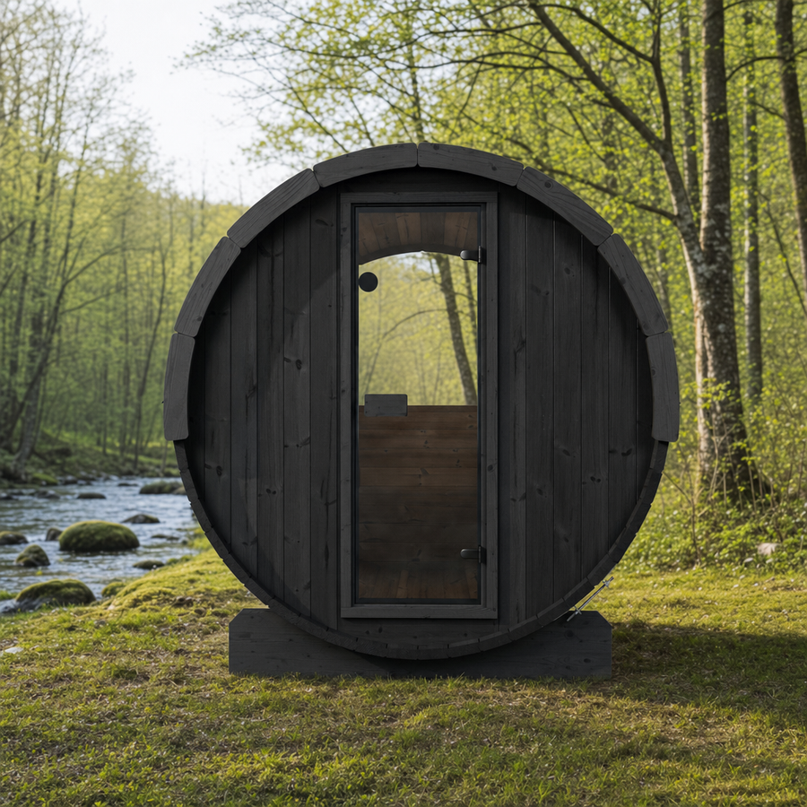 Barrel Sauna Ergo 220 — Thermowood Garden Sauna for Groups, 2.2m — painted option — lifestyle