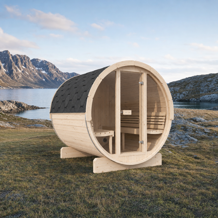 Barrel Sauna Ergo 220 — Spruce Garden Sauna for Groups, 2.2m — spruce — lifestyle