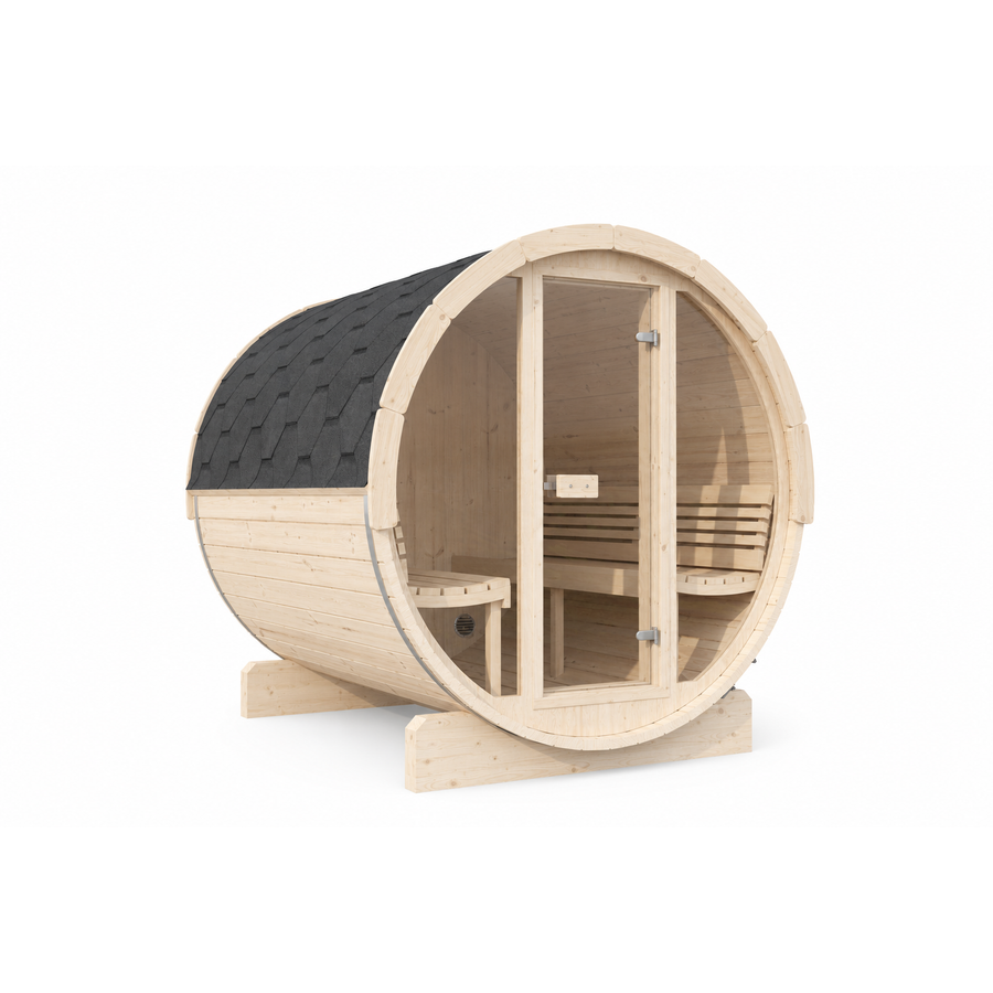 Barrel Sauna Ergo 220 — Spruce Garden Sauna for Groups, 2.2m — spruce — angle view 2