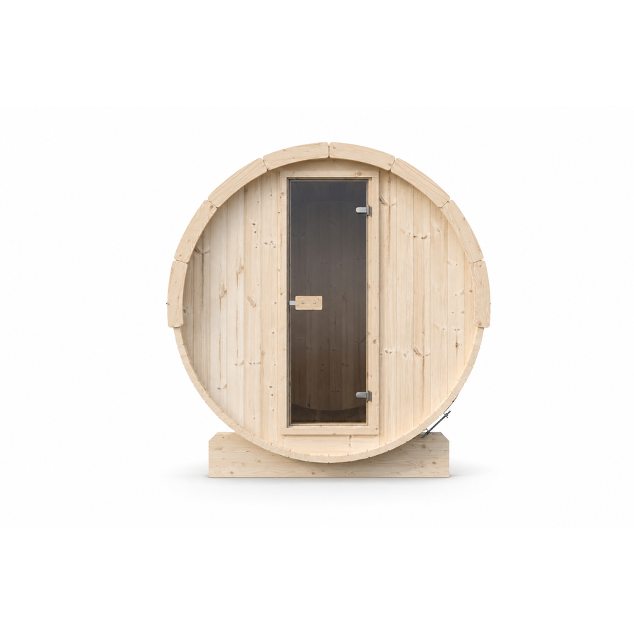 Barrel Sauna Ergo 220 — Spruce Garden Sauna for Groups, 2.2m — spruce — front view 1
