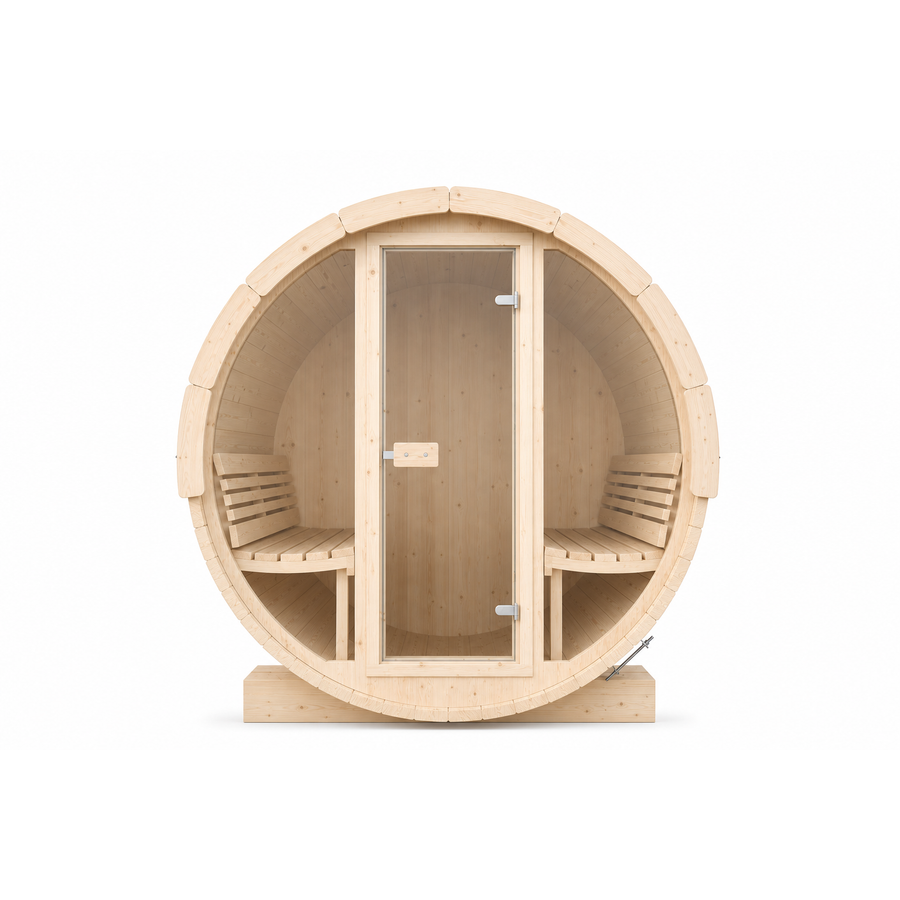 Barrel Sauna Ergo 220 — Spruce Garden Sauna for Groups, 2.2m — spruce — front view 2