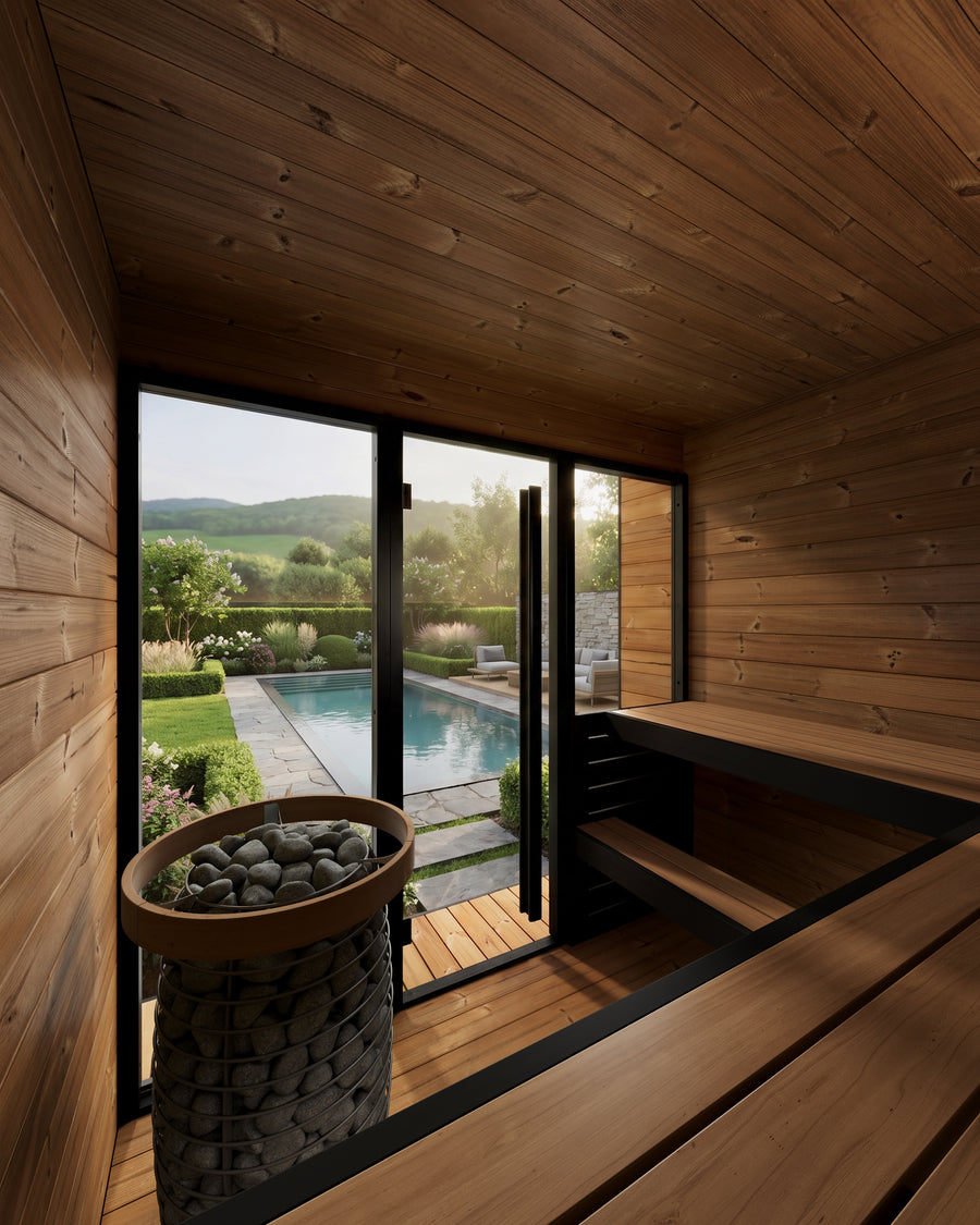 Patio Sauna Nairn XL — 3–4 Person 40mm Thermowood Garden Sauna, Bronze Glass Front & Deck, 3.6m²