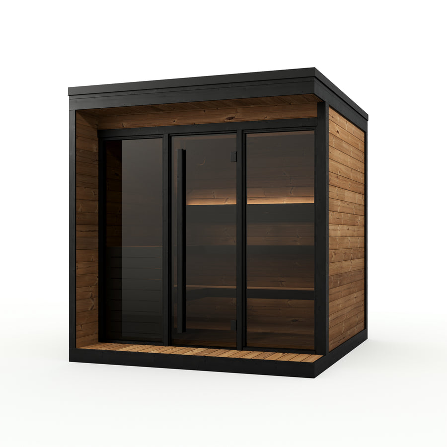 Patio Sauna Nairn XL — 3–4 Person 40mm Thermowood Garden Sauna, Bronze Glass Front & Deck, 3.6m²