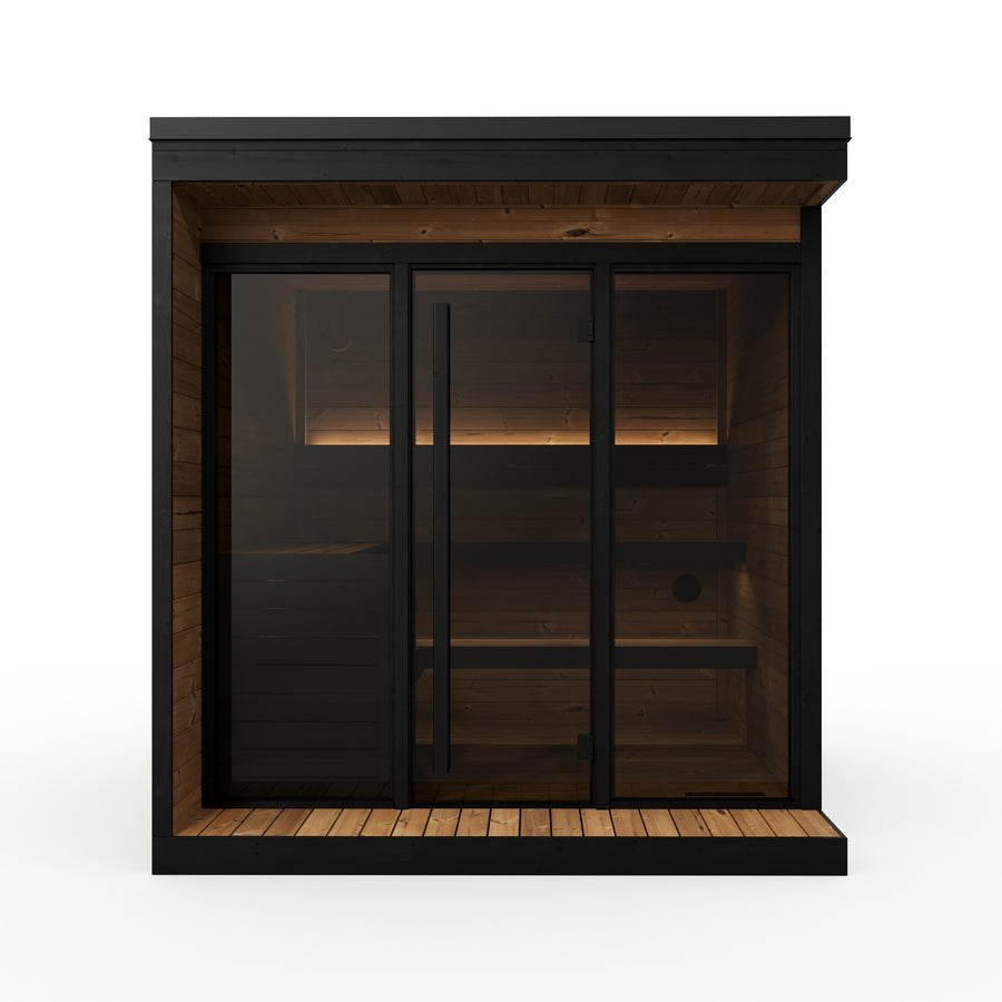 Patio Sauna Nairn XL — 3–4 Person 40mm Thermowood Garden Sauna, Bronze Glass Front & Deck, 3.6m²