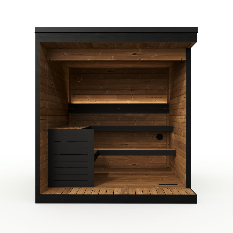 Patio Sauna Nairn XL — 3–4 Person 40mm Thermowood Garden Sauna, Bronze Glass Front & Deck, 3.6m²