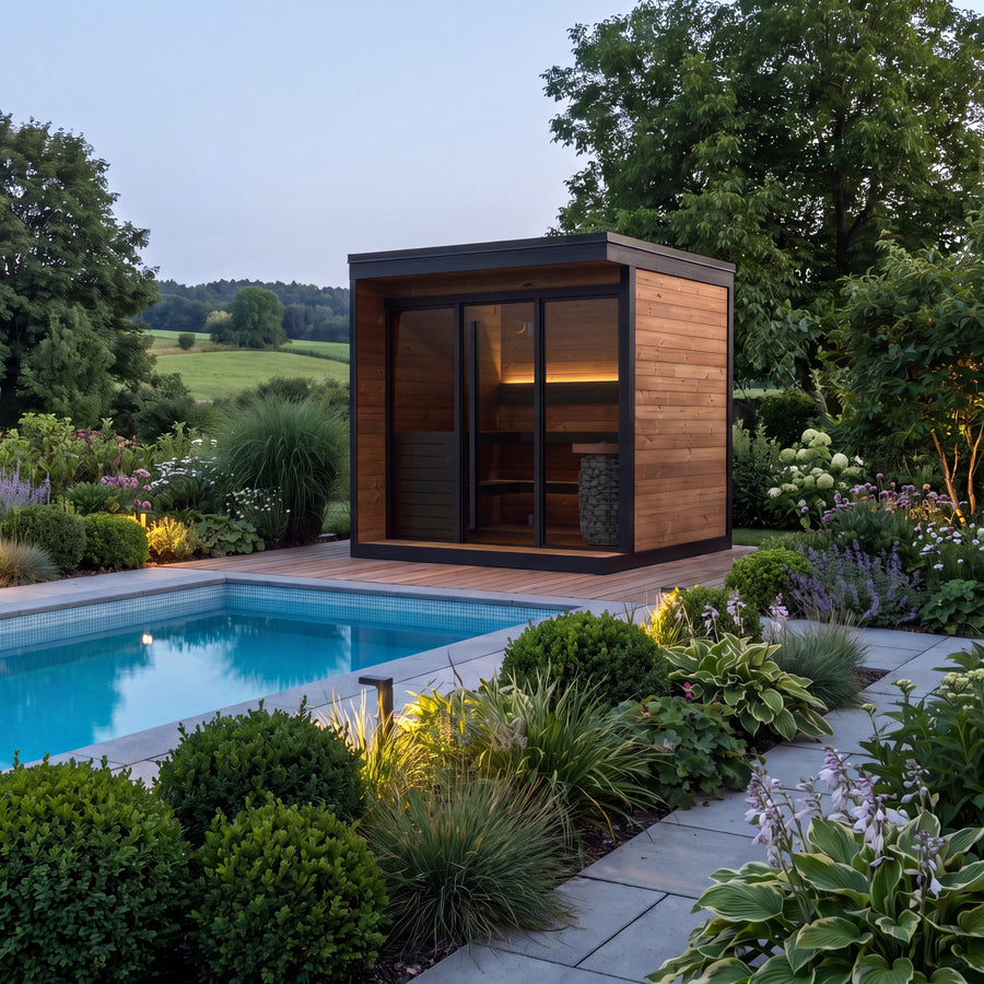 Patio Sauna Nairn XL — 3–4 Person 40mm Thermowood Garden Sauna, Bronze Glass Front & Deck, 3.6m²
