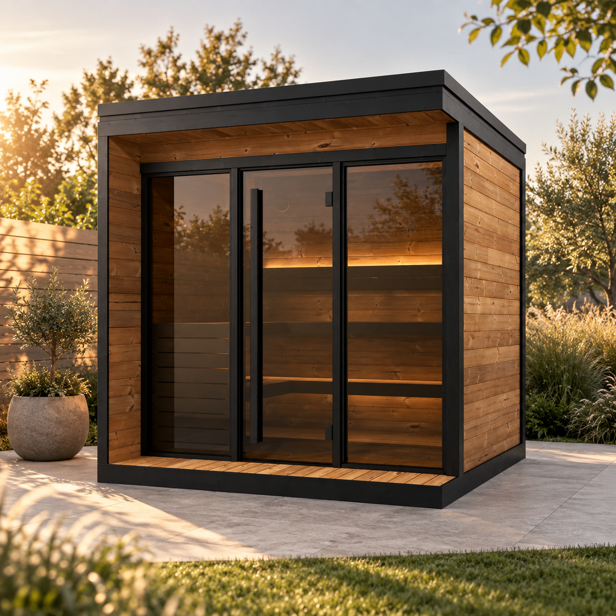 Patio Sauna Nairn XL — 3–4 Person 40mm Thermowood Garden Sauna, Bronze Glass Front & Deck, 3.6m²