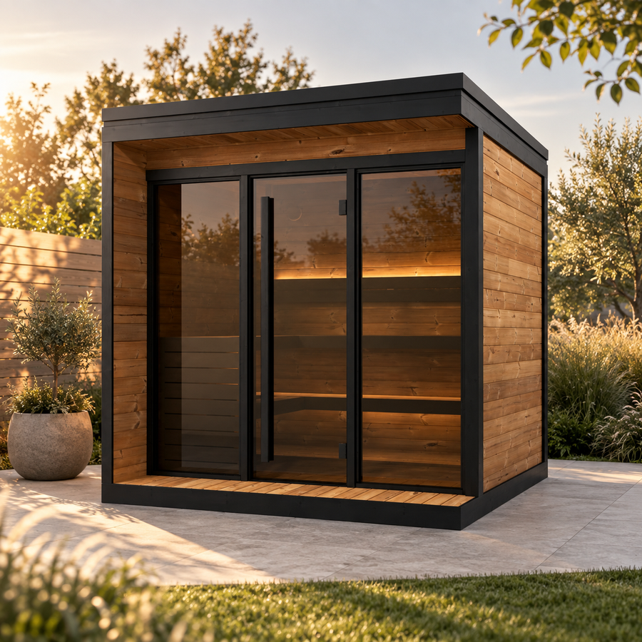 Patio Sauna Nairn XL — 3–4 Person 40mm Thermowood Garden Sauna, Bronze Glass Front & Deck, 3.6m²