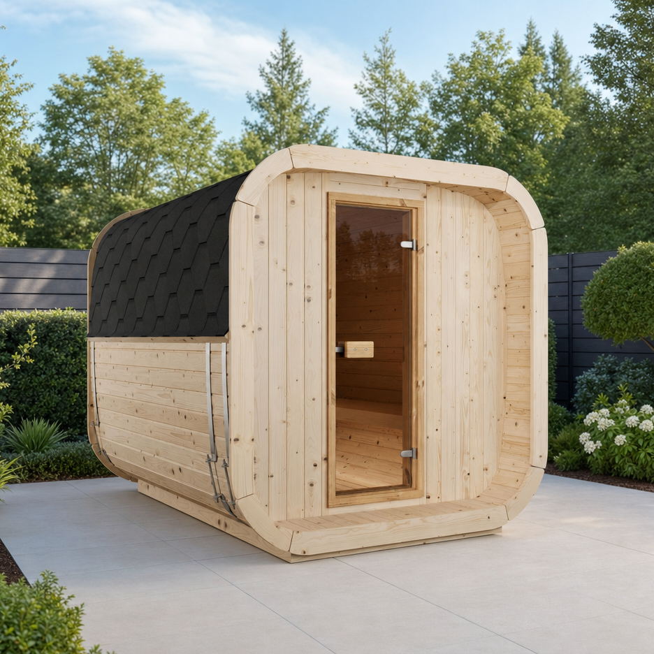 Cube Sauna Icon 250 S — 4–5 Person Spruce Garden Sauna, Extended Standard-Width Interior, 2.5m