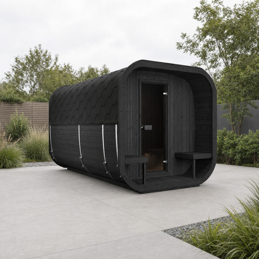 Cube Sauna Icon 385 XL — 8–10 Person Thermowood Garden Sauna, Two Rooms & Terrace, 3.85m