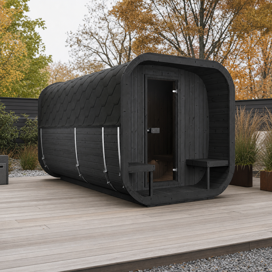 Cube Sauna Icon 385 XL — 8–10 Person Thermowood Garden Sauna, Two Rooms & Terrace, 3.85m