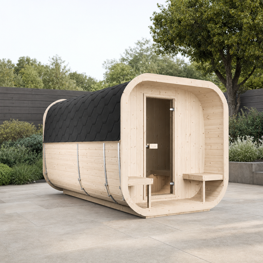 Cube Sauna Icon 385 XL — 8–10 Person Spruce Garden Sauna, Two Rooms & Terrace, 3.85m