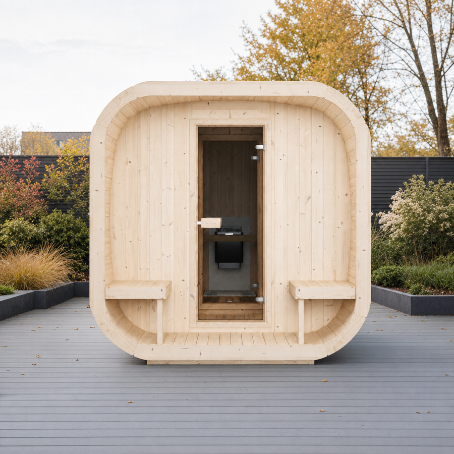 Cube Sauna Icon 385 XL — 8–10 Person Spruce Garden Sauna, Two Rooms & Terrace, 3.85m