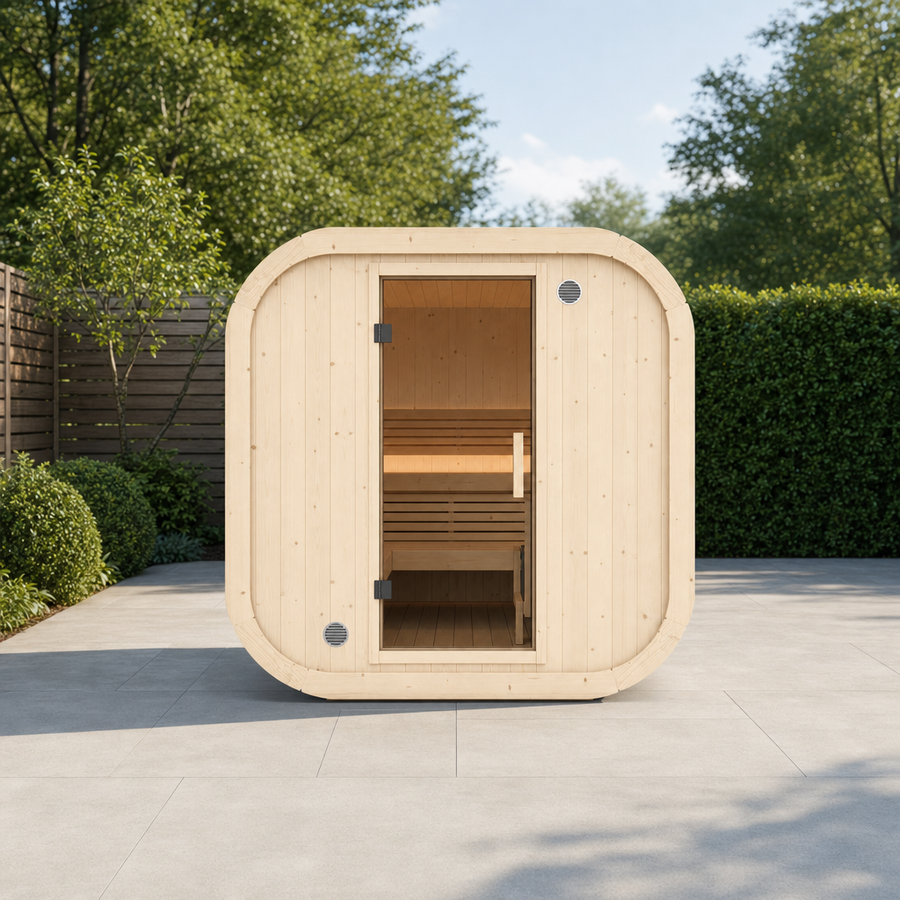 Cube Sauna Icon 385 XL — 8–10 Person Spruce Garden Sauna, Two Rooms & Terrace, 3.85m
