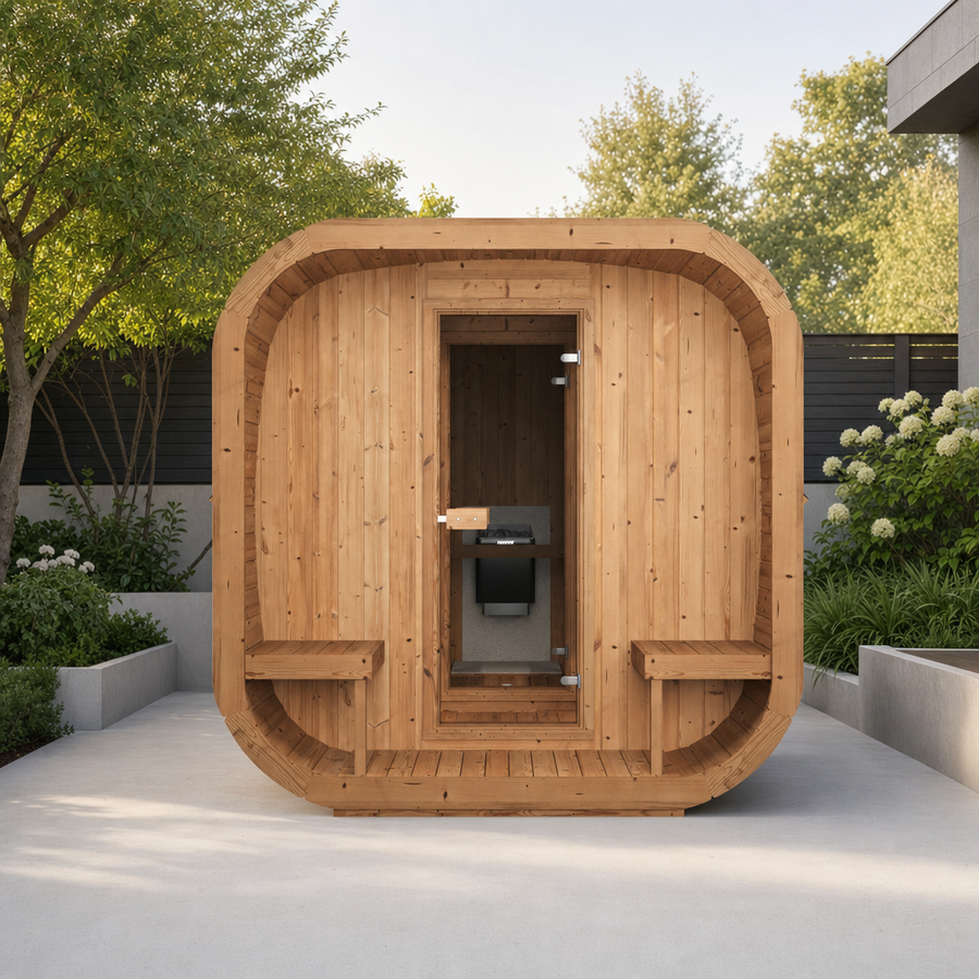 Cube Sauna Icon 385 XL — 8–10 Person Thermowood Garden Sauna, Two Rooms & Terrace, 3.85m