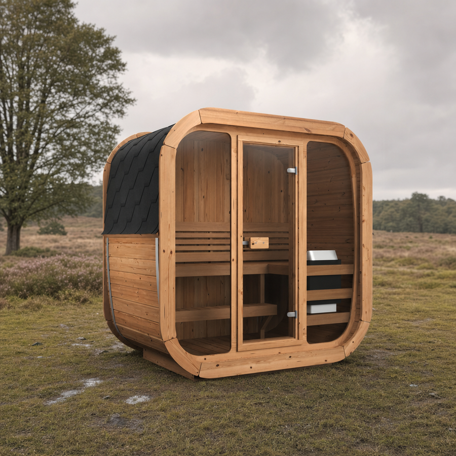 Cube Sauna Icon 125 — 1-2 Person Thermowood Sauna, Front Glass 1.25m — thermowood — lifestyle