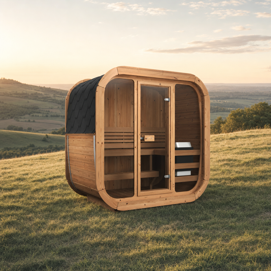 Cube Sauna Icon 125 — 1-2 Person Thermowood Sauna, Front Glass 1.25m — thermowood — lifestyle