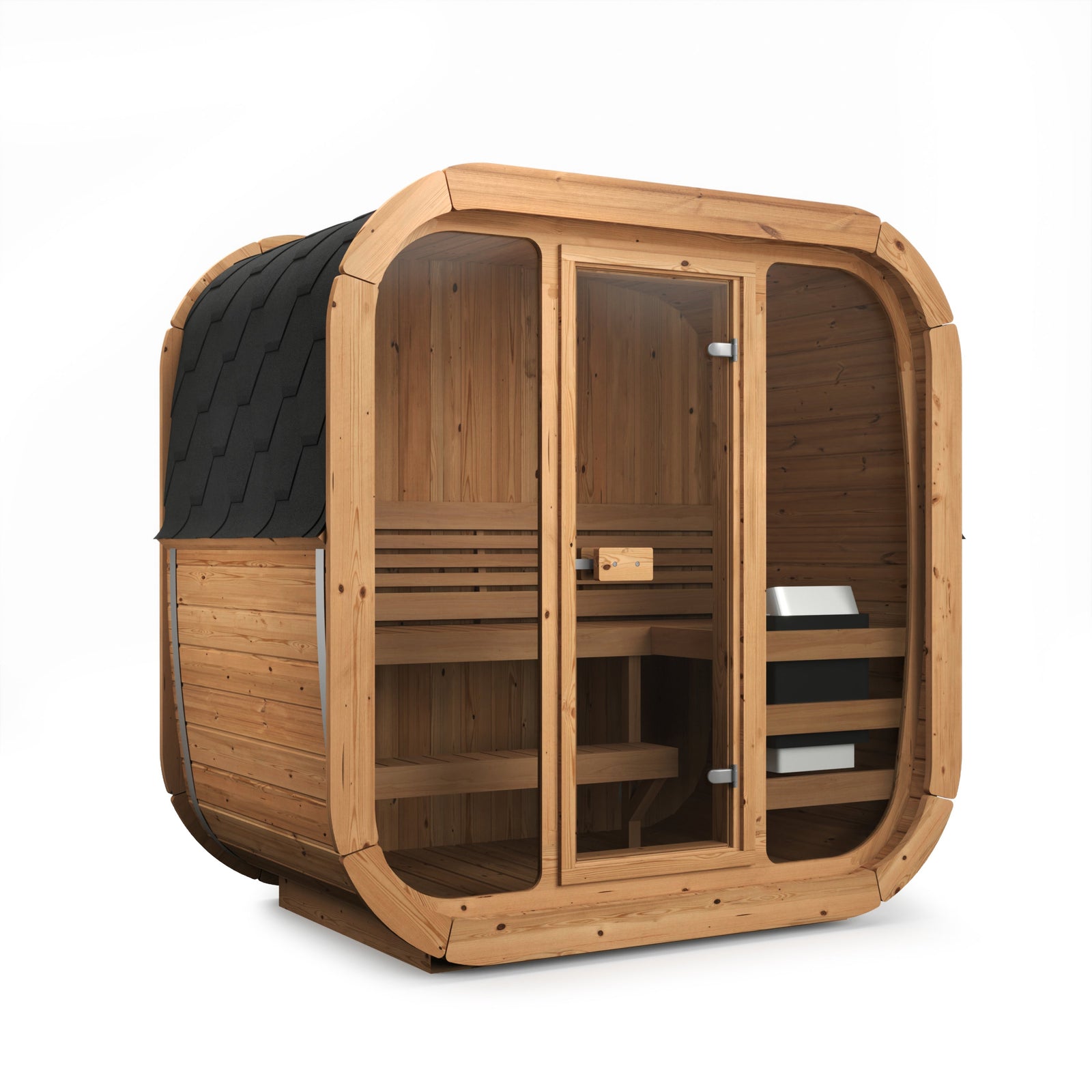 Cube Sauna Icon 125 — 1-2 Person Thermowood Sauna, Front Glass 1.25m — thermowood — angle view 1