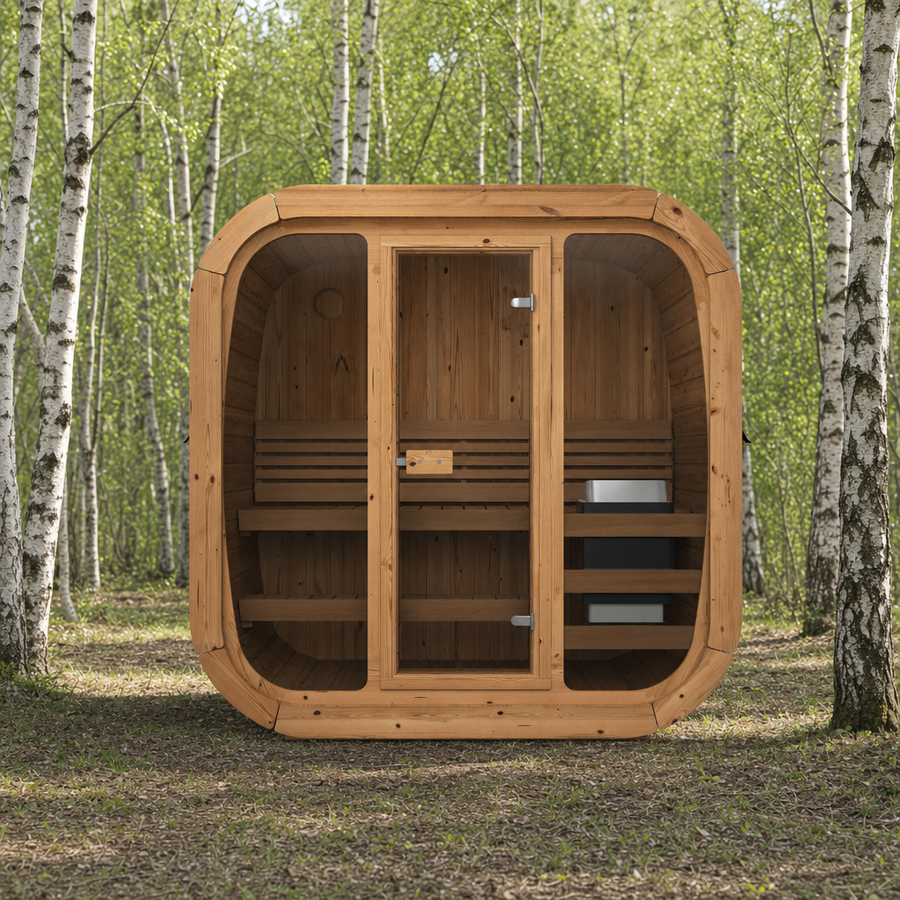 Cube Sauna Icon 125 — 1-2 Person Thermowood Sauna, Front Glass 1.25m — thermowood — lifestyle