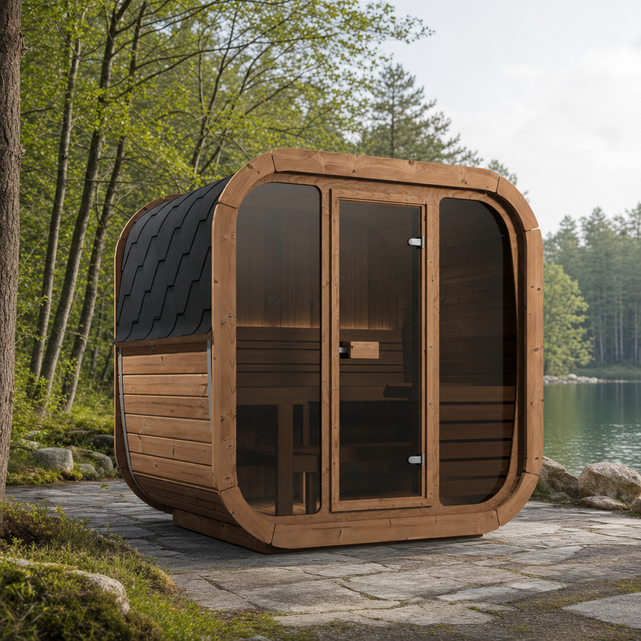 Cube Sauna Icon 160 — Thermowood Sauna for Couples, Front Glass 1.6m — thermowood — lifestyle