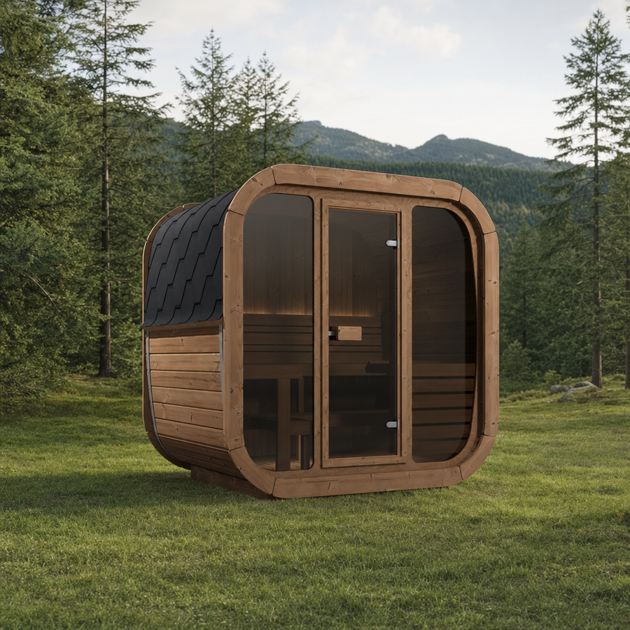 Cube Sauna Icon 160 — Thermowood Sauna for Couples, Front Glass 1.6m — thermowood — lifestyle
