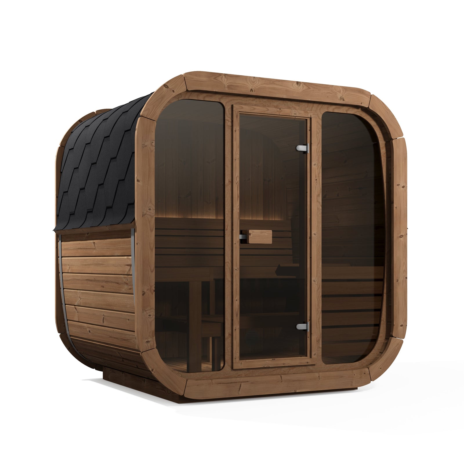Cube Sauna Icon 160 — Thermowood Sauna for Couples, Front Glass 1.6m — thermowood — angle view 1