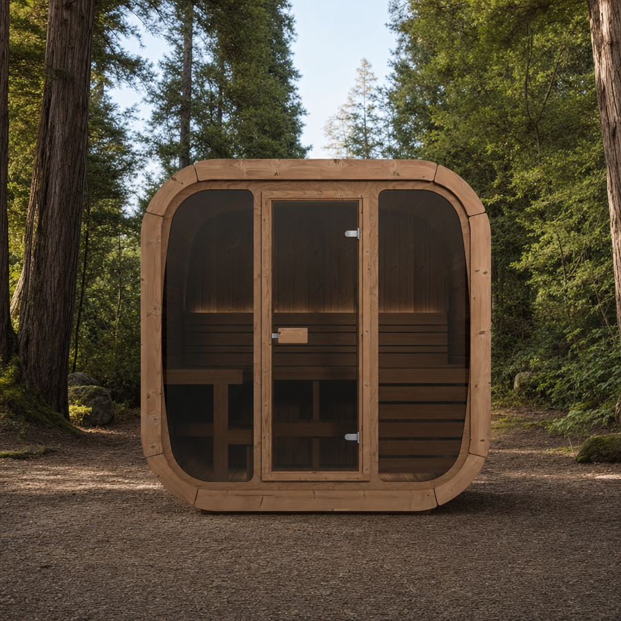 Cube Sauna Icon 160 — Thermowood Sauna for Couples, Front Glass 1.6m — thermowood — lifestyle