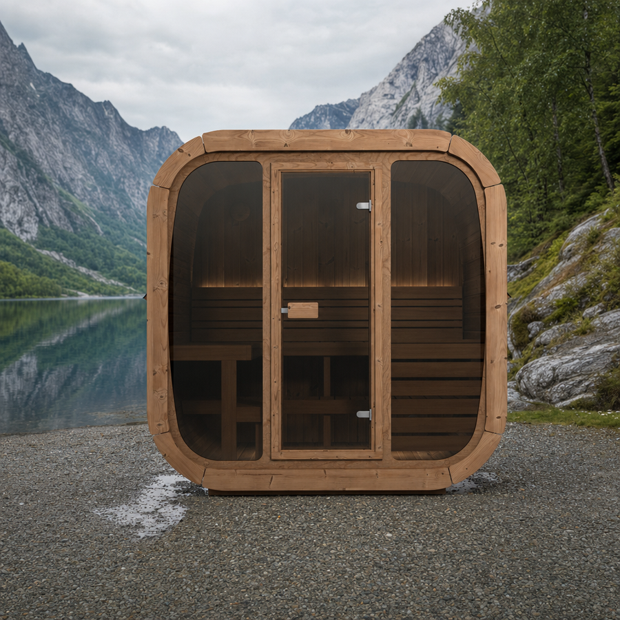 Cube Sauna Icon 160 — Thermowood Sauna for Couples, Front Glass 1.6m — thermowood — lifestyle