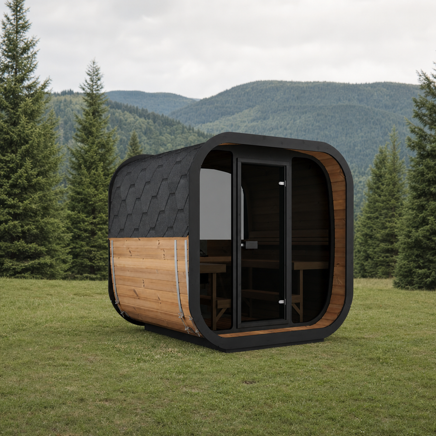 Cube Sauna Icon 220 XL — Full Front Glass Thermowood, Wider Body 2.2m — thermowood — lifestyle