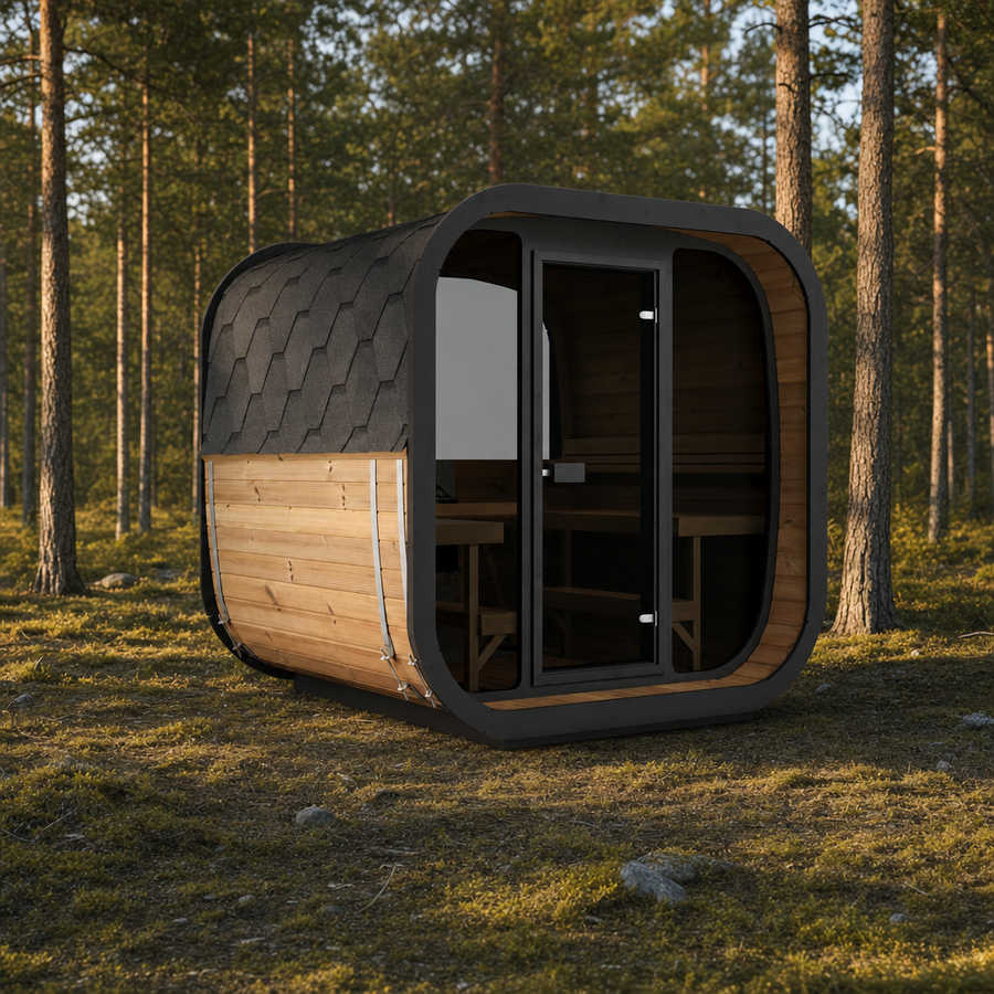 Cube Sauna Icon 220 XL — Full Front Glass Thermowood, Wider Body 2.2m — thermowood — lifestyle