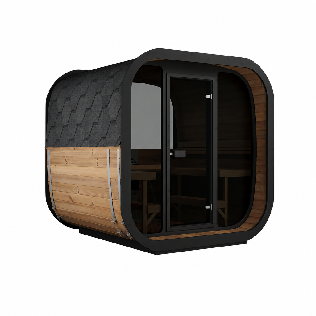 Cube Sauna Icon 220 XL — Full Front Glass Thermowood, Wider Body 2.2m — thermowood — front view 1