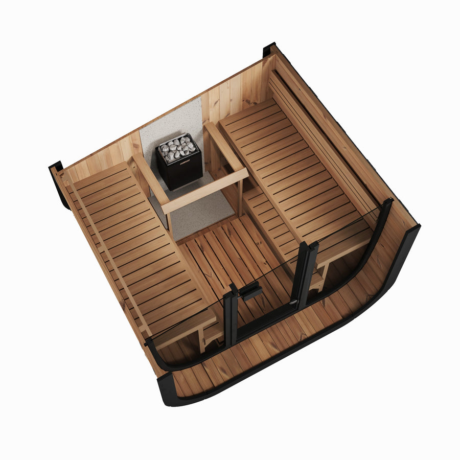 Cube Sauna Icon 220 XL — Full Front Glass Thermowood, Wider Body 2.2m — thermowood — front view 2