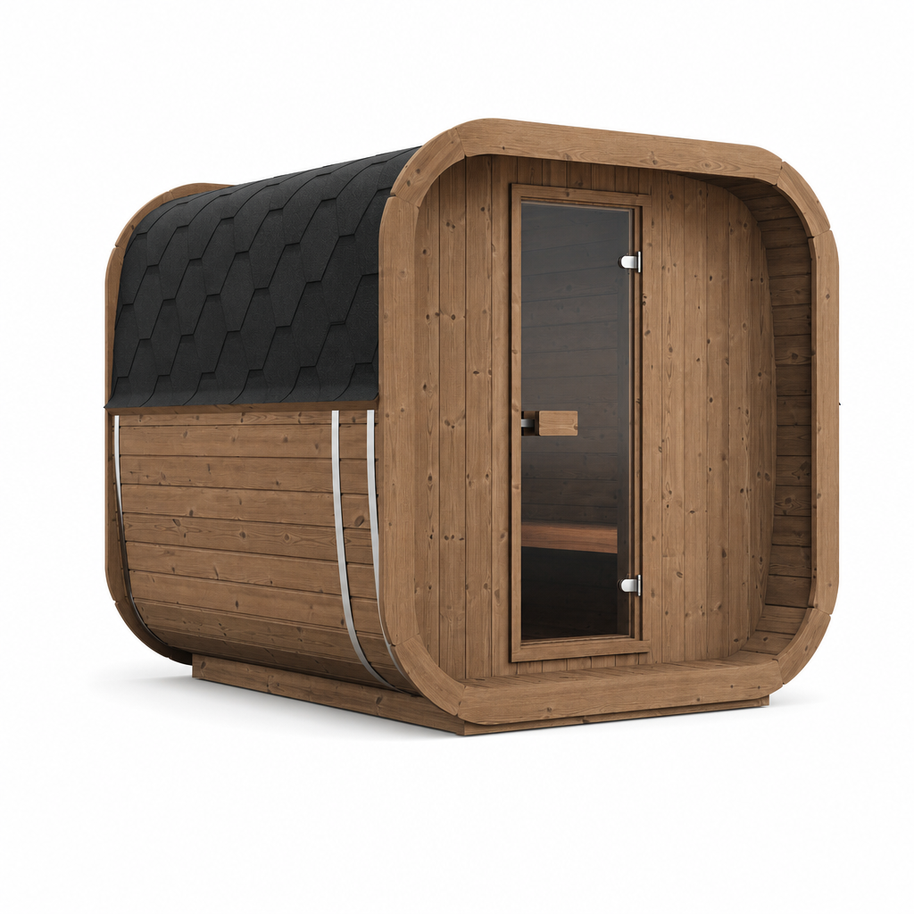 Cube Sauna Icon 220 XL — Wider Thermowood Sauna, Room to Move 2.2m — thermowood — angle view 1
